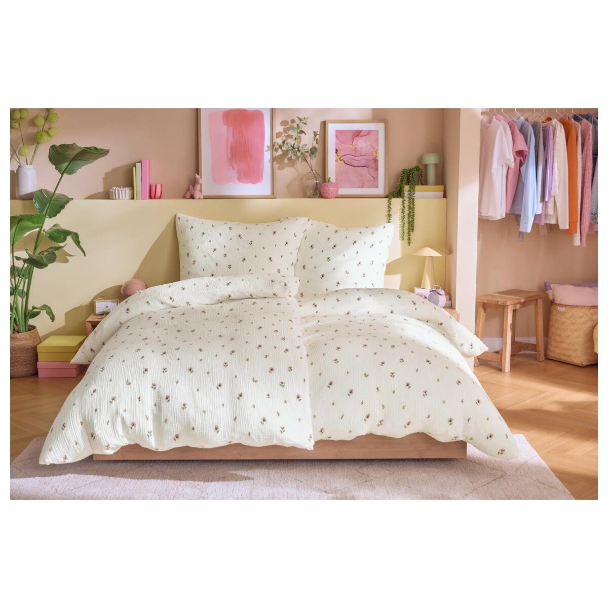 LIVARNO® bed linen, made of muslin, 135 x 200 cm, flowers/white
