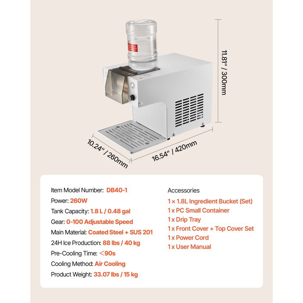 Snowflake Ice Machine, 40kg/day Ice Shaving Machine, Ice Shaver with Stainless Steel Blade, Electric Bingsu Machine with 1.8L Tank, 90 Quick Cooling, for Small Events at Home