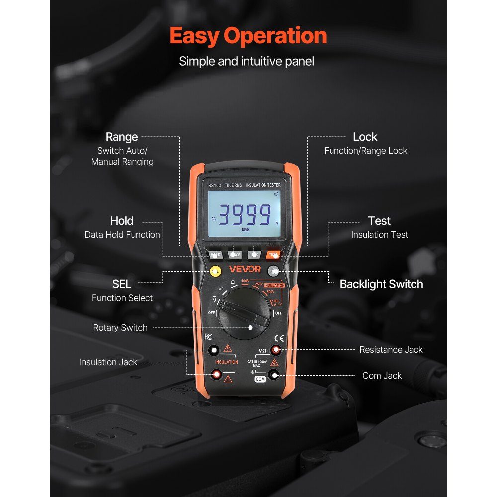Digital Multimeter, 4000 Count TRMS Voltmeter Ohmmeter, 1000V AC/DC Voltage Tester with switchable auto/manual range for voltage, resistance and continuity measurement