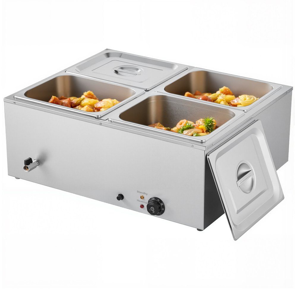 Réchauffeur de nourriture commercial (4 récipients de taille 1/2), récipient chauffant électrique en acier inoxydable de 1,5 kW avec couvercle et louche à soupe, réchauds pour restauration, restaurant, fête