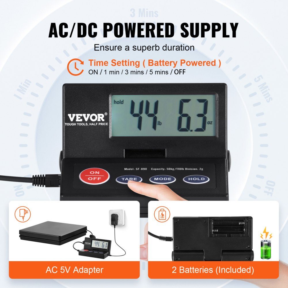 Plattformwaage 10g-50kg Paketwaage 2g Genauigkeit Digitalwaage kg/lbs/lbs:oz/g Zählwaage 250x250x43mm ABS-Gehäuse Tara-/Haltefunktionen AC/DC-Stromversorgung Industriewaage Briefwaage Waage