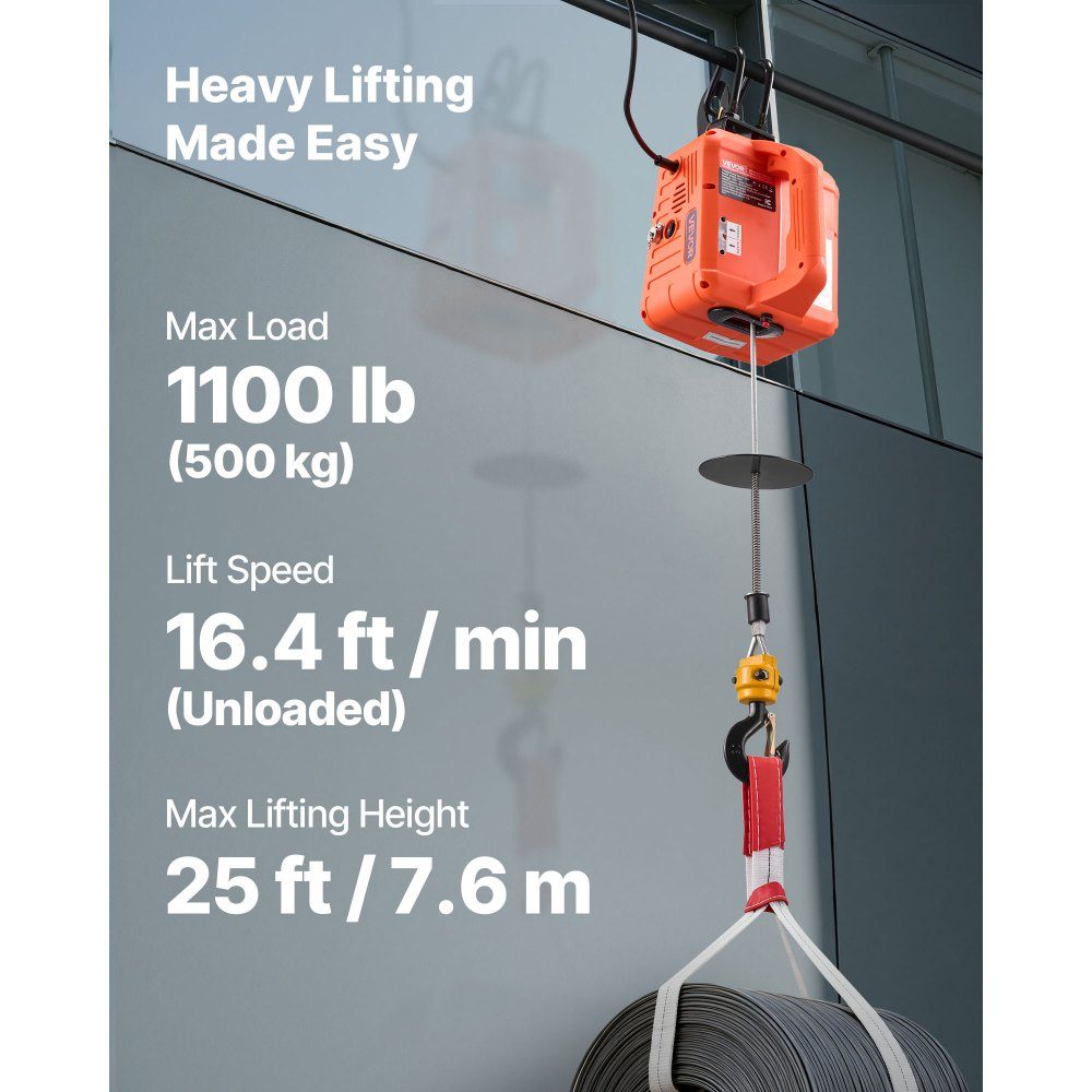 Treuil électrique, capacité de charge de 500 kg, palan électrique 3 en 1, 1500 W, hauteur de levage de 7,6 m, 5 m/min, avec télécommande manuelle, filaire et sans fil pour usine, entrepôt et garage