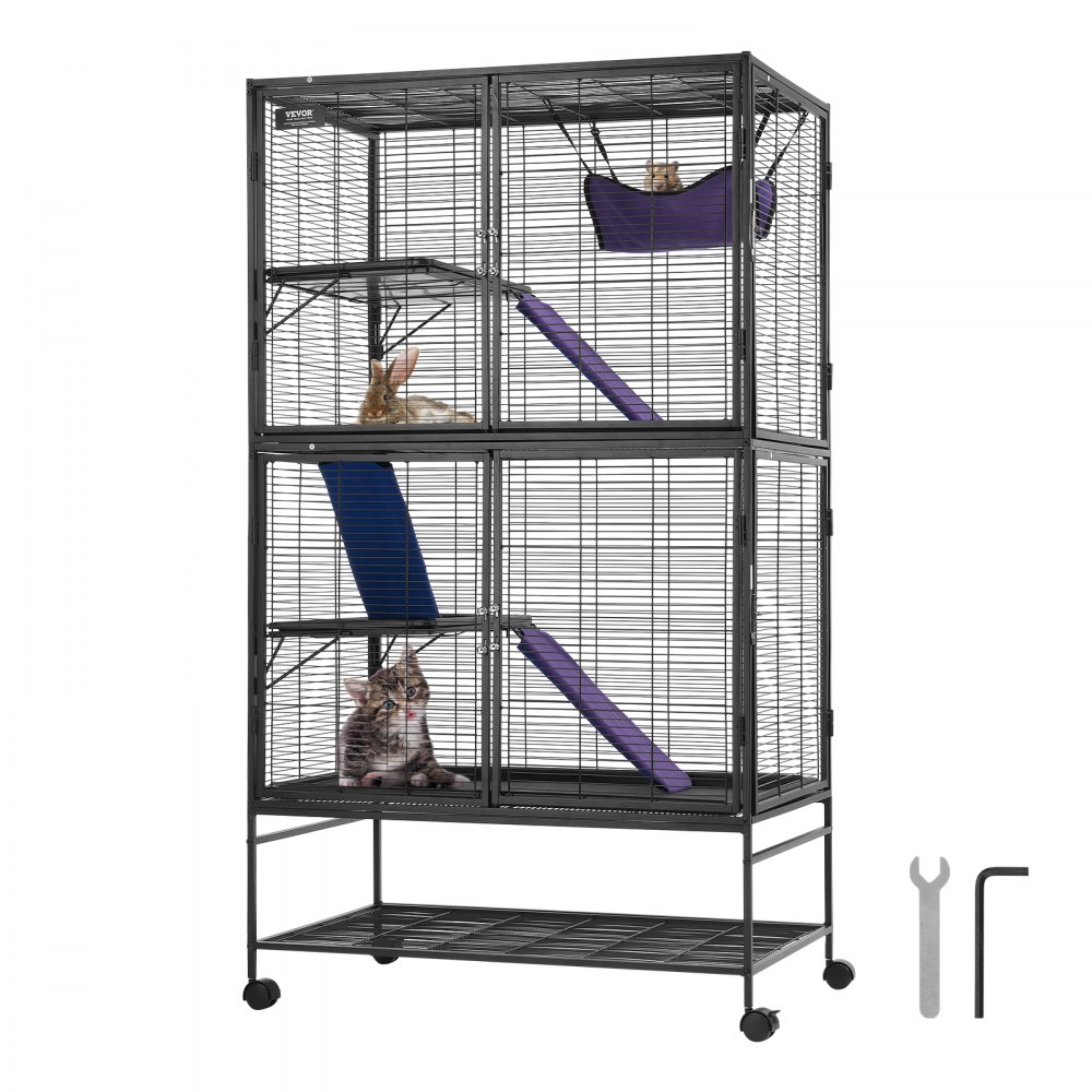 64.6 inch rolling metal ferret cage, large 4 tier cage, small animal cage with ramps and tray, easy to assemble for pet rats, hamsters, guinea pigs, chinchillas, squirrels, hedgehogs, rabbits
