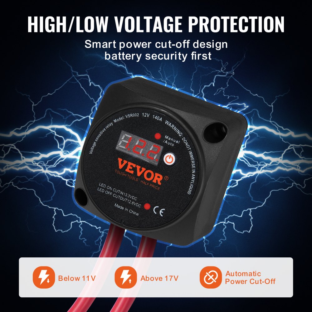 Spanningsgestuurd scheidingsrelais 12V 140A Handmatige automatische modus Spanningsgevoelig VSR-relais met LCD-scherm voor ATV UTV RV SUV Vrachtwagen Boot Jacht Spanningsgestuurd scheidingsrelais 12V 140A Handmatige automatische modus Spanningsgevoelig VSR-relais met LCD-scherm voor ATV UTV RV SUV Vrachtwagen Boot Jacht