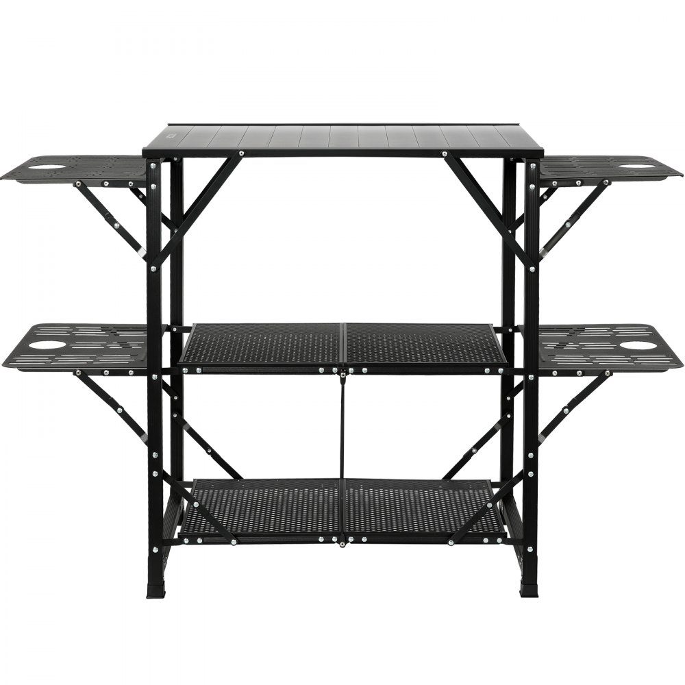 Camping-Küchentisch aus Aluminium, faltbar, tragbare Outdoor-Kochstation mit 4 Eisenseiten, 2 Ablagen und Tragetasche, schnelle Installation für Picknick, Grillen, Strand, Reisen usw