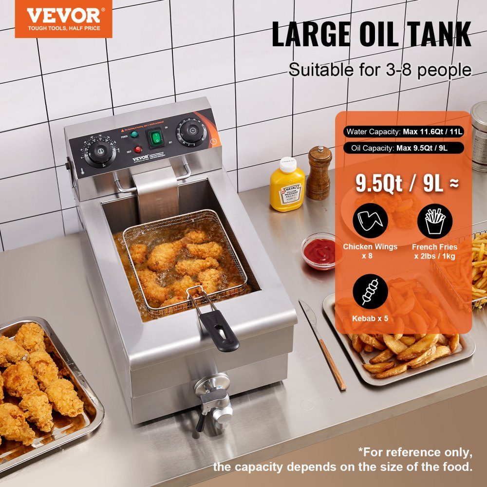 Commercial Deep Fryer, 1500W Electric Deep Fryer with Basket, 9L Stainless Steel Deep Fryer with Time and Temperature Control, Overheat Protection, Deep Fryer for Kitchen, Restaurant, Cafe, Bar