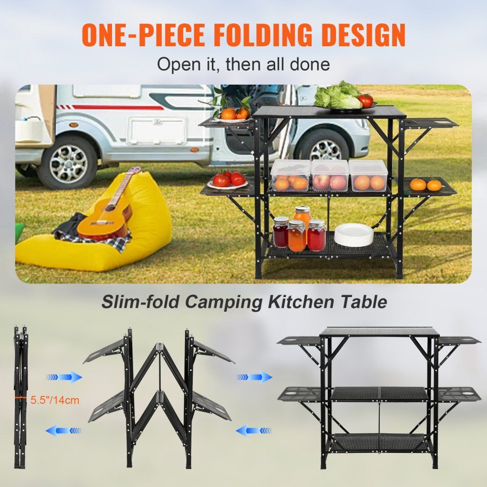 Camping-Küchentisch aus Aluminium, faltbar, tragbare Outdoor-Kochstation mit 4 Eisenseiten, 2 Ablagen und Tragetasche, schnelle Installation für Picknick, Grillen, Strand, Reisen usw