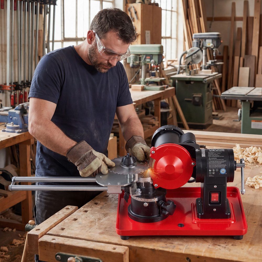 Affûteur de lame de scie 370 W, meuleuse de lame de scie circulaire 2890 tr/min avec meule de 125 mm, machine d'affûtage électrique avec angle de réglage pour lames de scie de 80 à 700 mm, affûteuse de lame de scie pour le travail du bois – Réf. HT-23548