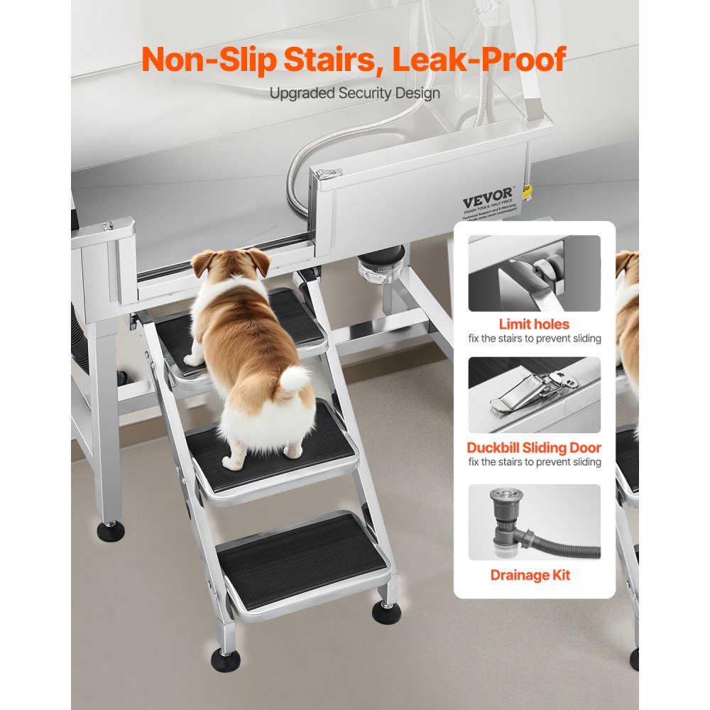 Hundewaschstation aus Edelstahl, 870 x 488 x 1025 mm, Haustierpflegewanne mit Aufbewahrungstreppe, Wasserhahn, Duschkopf und Seifenhalter, Hundebadewanne, für mittlere und kleine Haustiere (linke Tür)