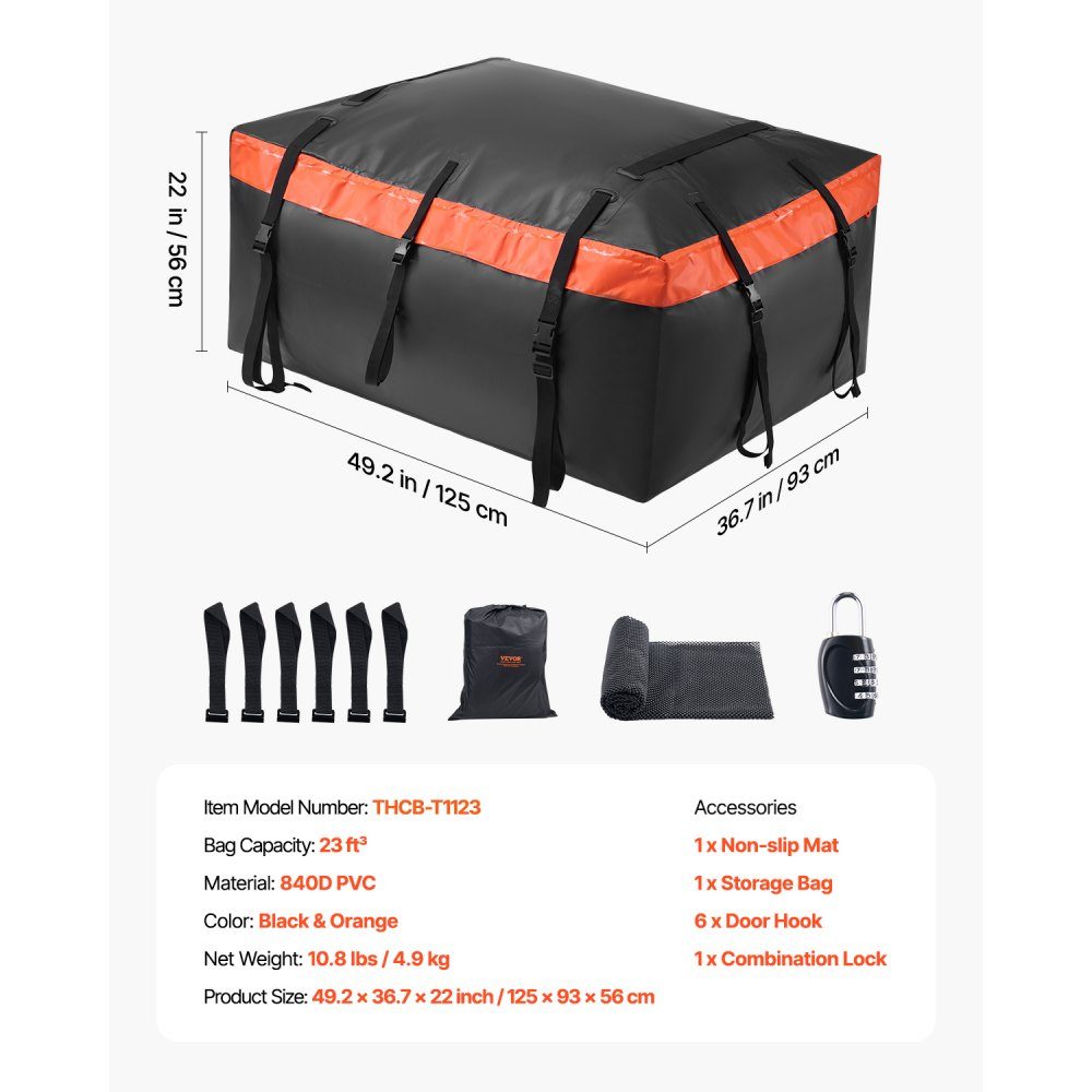 Sac de toit de voiture, sac de toit de 23 pieds cubes, coffre de toit étanche et durable en PVC 840D pour véhicules avec/sans porte-bagages (avec serrure et tapis antidérapant)