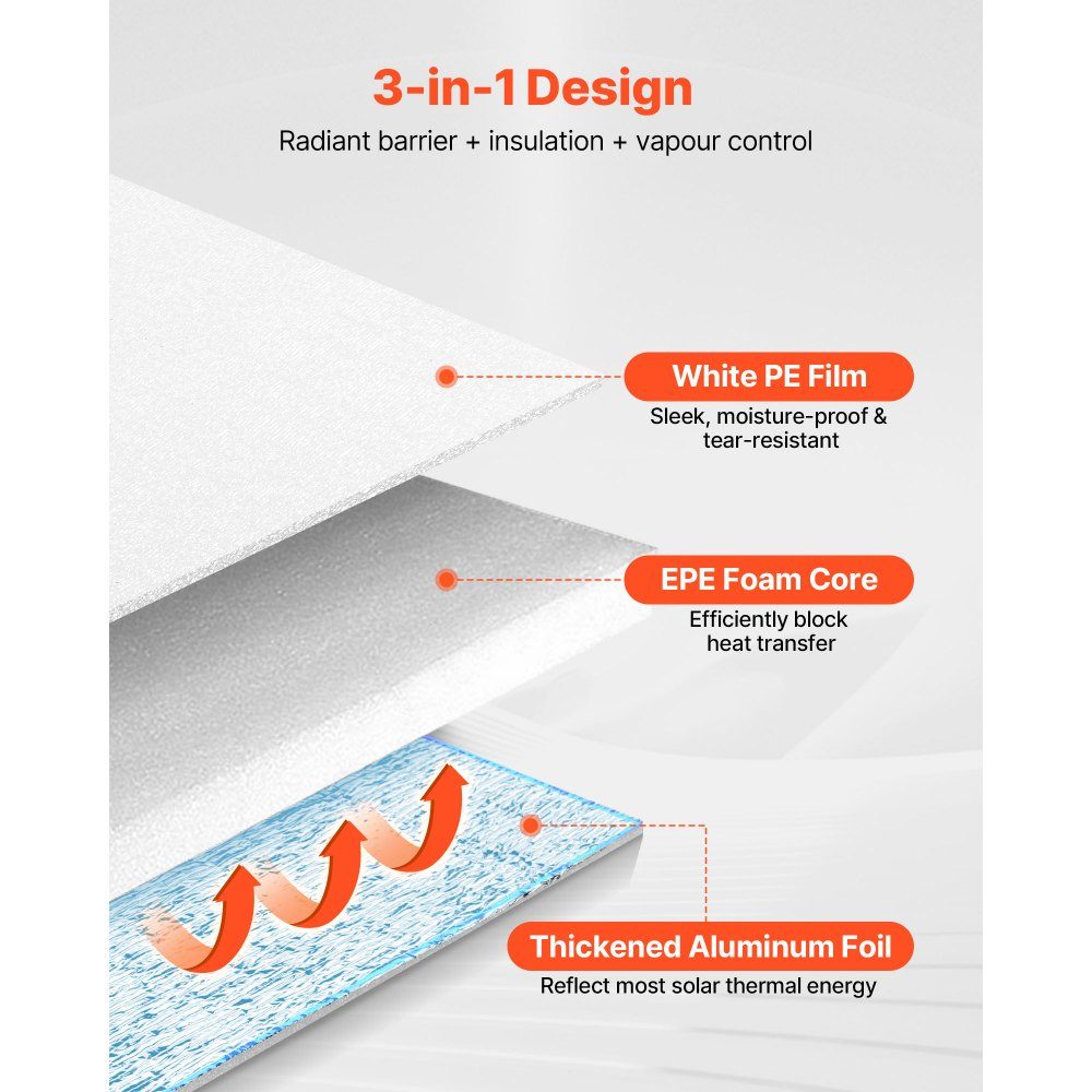Insulation Film Reflective Film with EPE Foam Core 3mm Insulation Film 122cm x 76.2m Aluminum Foil + PE Film Heat Reflective Protection Thermal Insulation Roll Garage Doors Windows Motorhome Roofs