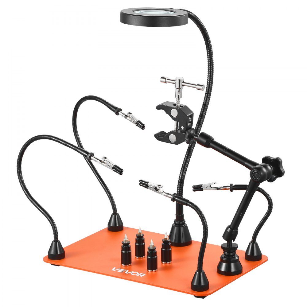Third-hand soldering aid, magnetic soldering station, with 3x LED magnifying lamp, 4 circuit board holders & 360 degree hot air gun holder, base station for repairs, crafts & hobbies