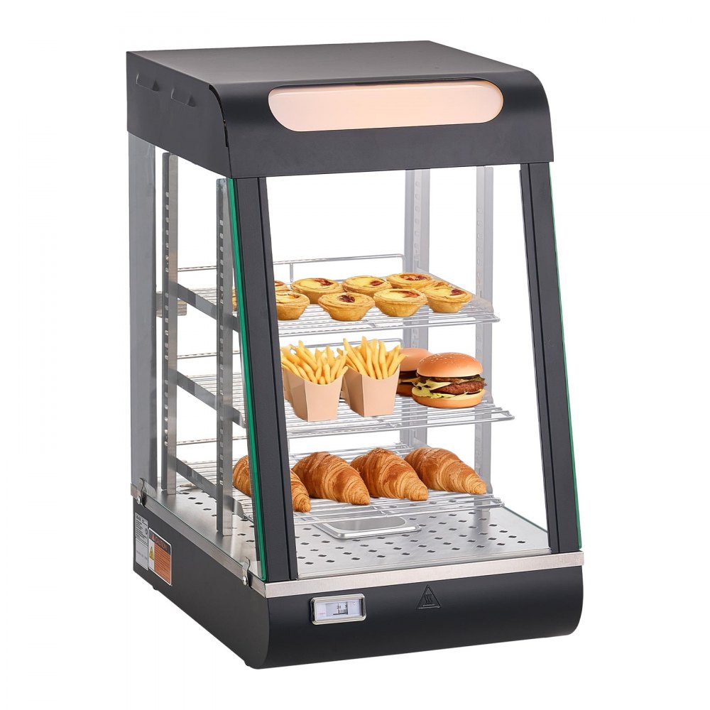 Comptoir chauffant à 3 niveaux 57 L, vitrine chauffante 800 W, comptoir chauffant 30-85 °C, chauffe-plats avec éclairage LED et étagères réglables, vitrine alimentaire pour hamburger pizza pain poulet frit