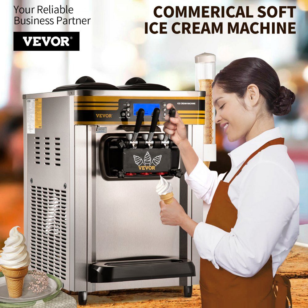 Commerciële softijsmachine 22-30L/u, professionele ijsmachine met LCD-display, 3 smaken, roestvrijstalen trechter, desktopontwerp voor catering en commercieel gebruik