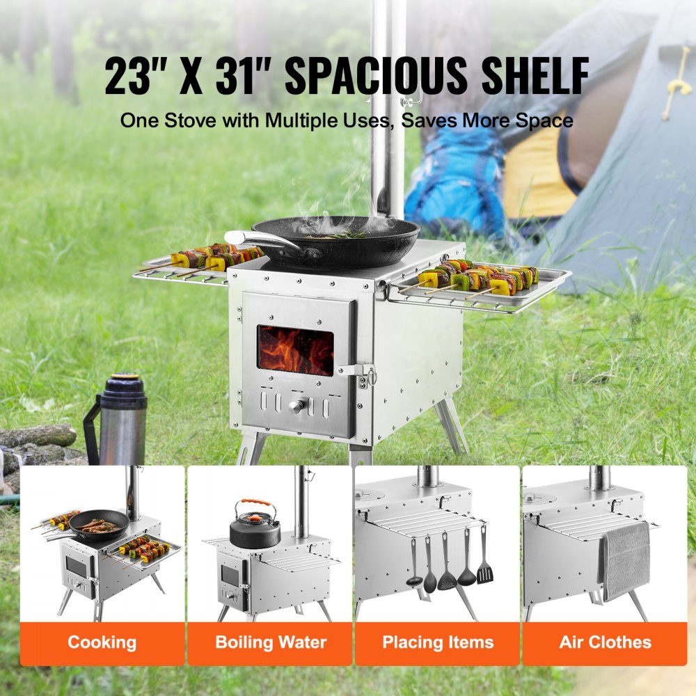 Poêle à bois 590 x 790 x 2620 m Poêle à bois pour tente de camping en acier inoxydable avec tuyaux de cheminée et gants 1646 pouces cubes Poêle de tente pour cuisine et chauffage en plein air avec 8 tuyaux – Réf. HT-24282