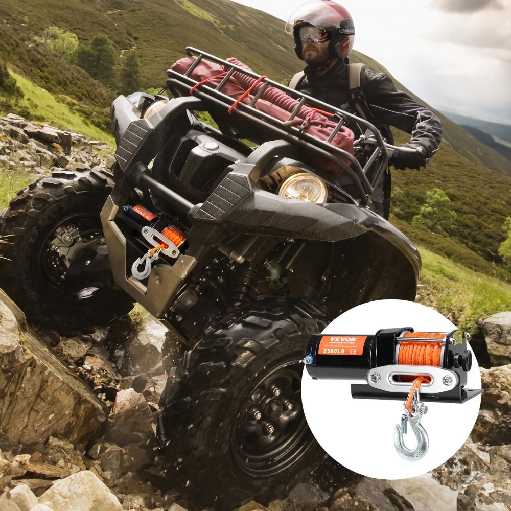 Treuil électrique, capacité de traction de 3 500 lb, treuil 12 V DC ATV/UTV avec corde synthétique Φ 3/16" x 39 pieds 12 brins, guide-câble en aluminium, télécommande filaire, étanche IP55 pour remorquage UTV, ATV, bateau – Réf. HT-22372