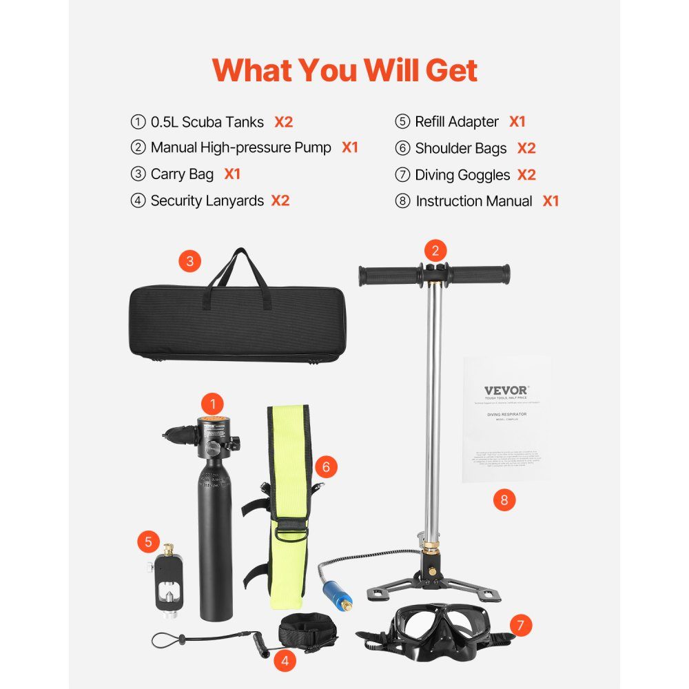 2 Diving Bottles, Portable Diving Bottle (0.5L Each), Diving Oxygen Bottle with Pump Supports 5-10 Minutes Underwater Breathing, 30m Diving Depth, Refillable Snorkel Air Tank