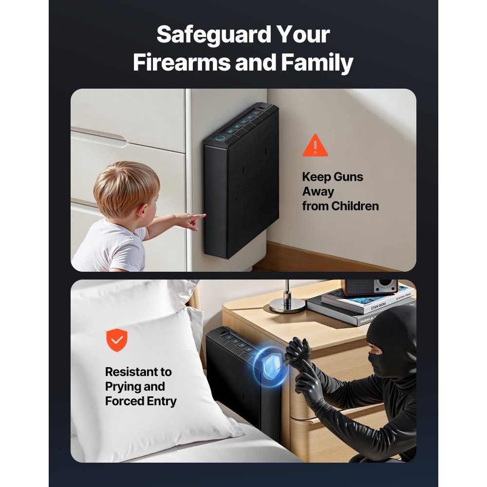 Gun safe gun safe with fingerprint/password (five digits)/key, gun safe gun case with lighting for 1 gun and magazine, 23 x 7 x 32 cm gun box for the bedside table