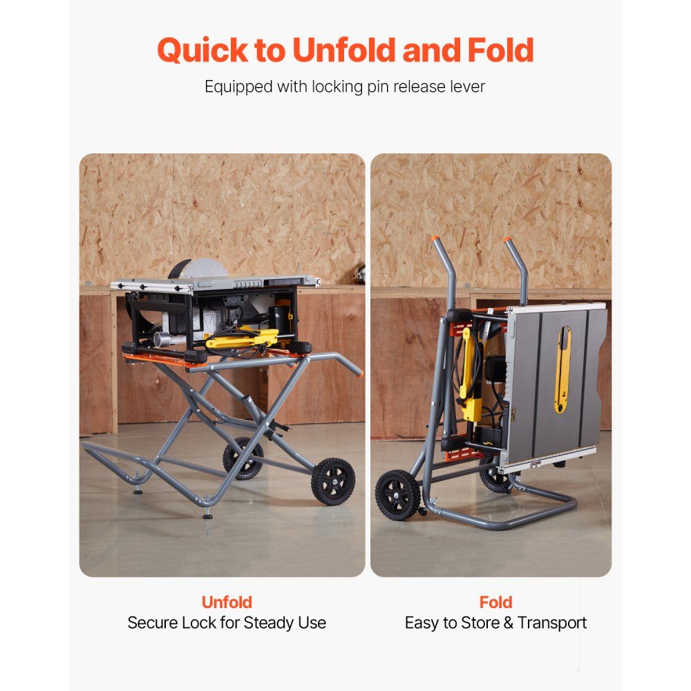 Table Saw Stand, 158kg Load Capacity, Rolling Folding Base with 8" Rubber Wheels, Easy Storage, Universal for Most Brands Table Saws, 1100 x 760 x 620mm