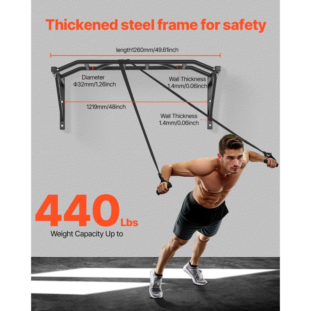 Aan de muur gemonteerde optrekstang, 50" brede multifunctionele stalen trainingsstangen voor het bovenlichaam met hangers, optrektrainingsstation (draagvermogen van 200 kg), sportschool Aan de muur gemonteerde optrekstang, 50" brede multifunctionele stalen trainingsstangen voor het bovenlichaam met hangers, optrektrainingsstation (draagvermogen van 200 kg), sportschool