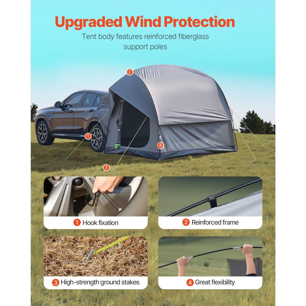 SUV Tent Camping Car Tent (240x240x215cm) Waterproof PU2000 Spacious Double Layer Design for 5-8 People SUV Camping Tent with 2 Doors & Mesh Windows & Rain Cover & Bag