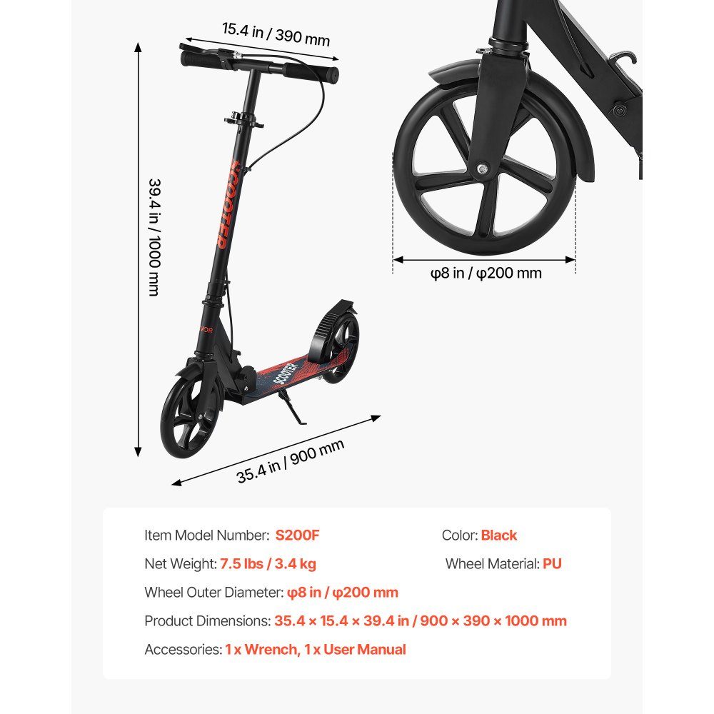 Trottinette (2 roues) pour enfants à partir de 8 ans, trottinette de ville, trottinette enfant, trottinette de rue avec guidon réglable en hauteur & plateau antidérapant & frein à main, trottinette pliable jusqu'à 100 kg, noire