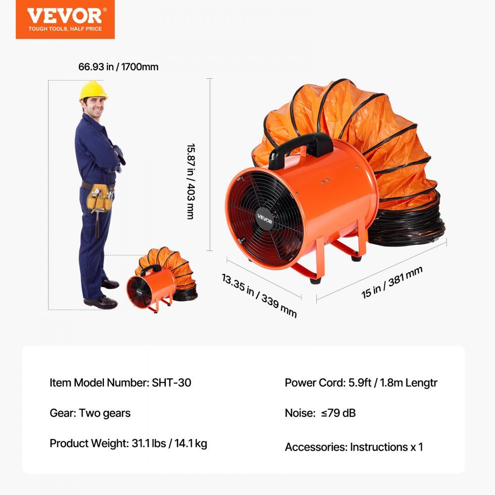 Bauventilator, 300 W Wechselstrommotor, Bauventilator, 2810 U/min, Bauventilator, Gebläse 1214 l/s (2574 CFM), Axialventilator, 10 m Schlauch, Axialventilator, 79 dB Geräuschpegel, Industrieventilator IP44