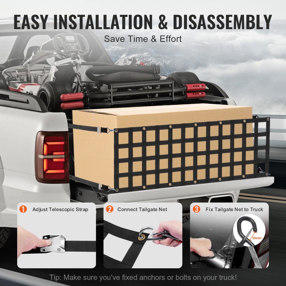 Tailgate Net 1525x470mm Truck Bed Net with 4 Adjustable Telescopic Straps Extendable and Durable Flexible Adjustment Cargo Net Suitable for Pickup Trailer Truck Jeep SUV