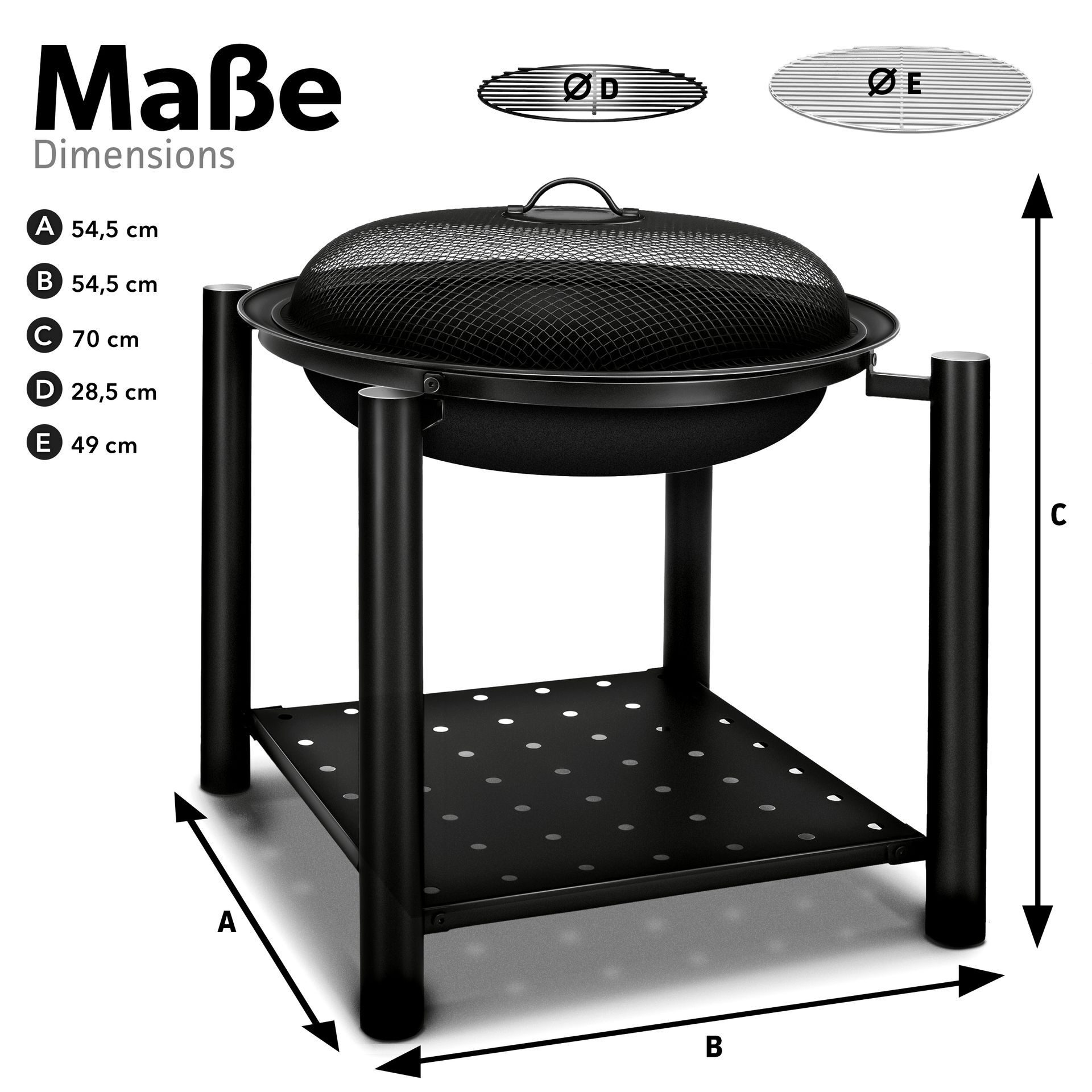 Starterset Feuerschale mit Funkenschutz 3-in-1 Grill Feuerstelle BBQ Feuerkorb Garten