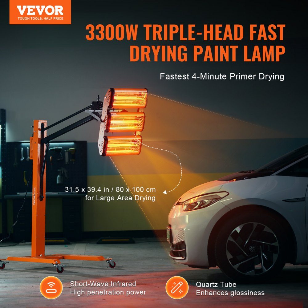 Infrared Curing Lamp, 3300W, 1-60 Min Time Setting, Automatic Curing Lamp with Auto Heater and Holder, 8.61 Square Feet Baking Area, Spray Bake Booth Heaters, Paint Dryer