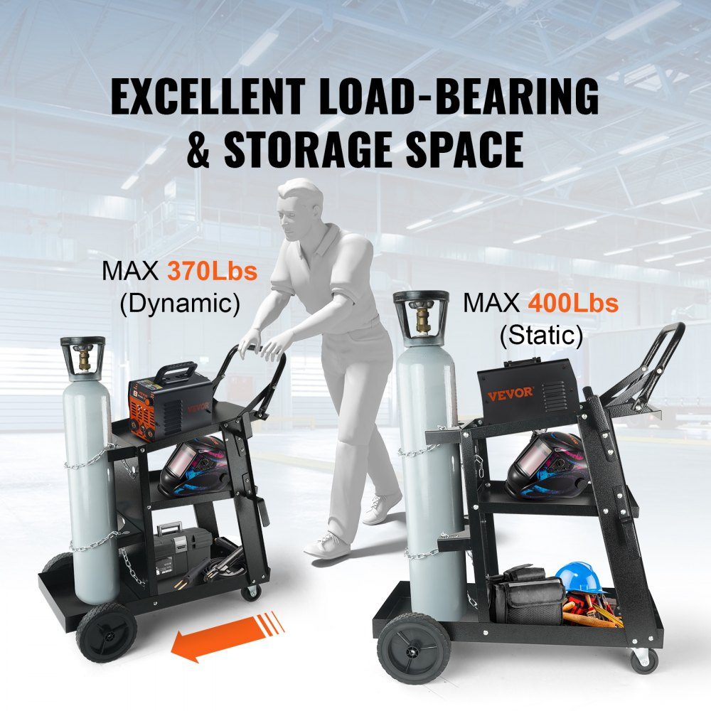Welding trolley 3 floors Welding mobile max. 168-181 kg. Trolley for welding machines with 2 gas bottle holders. Ideal for manual welding, inert gas welding, argon arc welding