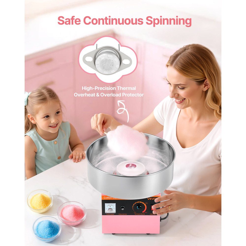 Machine à barbe à papa, machine à barbe à papa électrique 1000 W avec bol en acier inoxydable de 38 cm et cuillère à bonbons, fait de la barbe à papa pour les anniversaires à la maison, les réunions de famille, rose, 3500 tr/min – Réf. HT-23877
