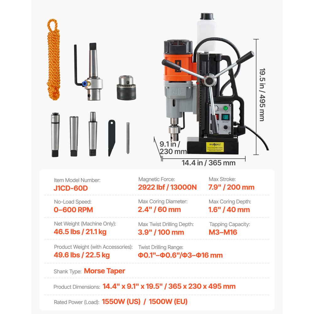 Perceuse magnétique 1,5 kW, diamètre de perçage 60 mm, puissance 13 000 N, perceuse magnétique avec cône Morse et vitesses réglables, filetage M3-M16 pour surfaces métalliques, bricoleurs Perceuse magnétique 1,5 kW, diamètre de perçage 60 mm, puissance 13 000 N, perceuse magnétique avec cône Morse et vitesses réglables, filetage M3-M16 pour surfaces métalliques, bricoleurs