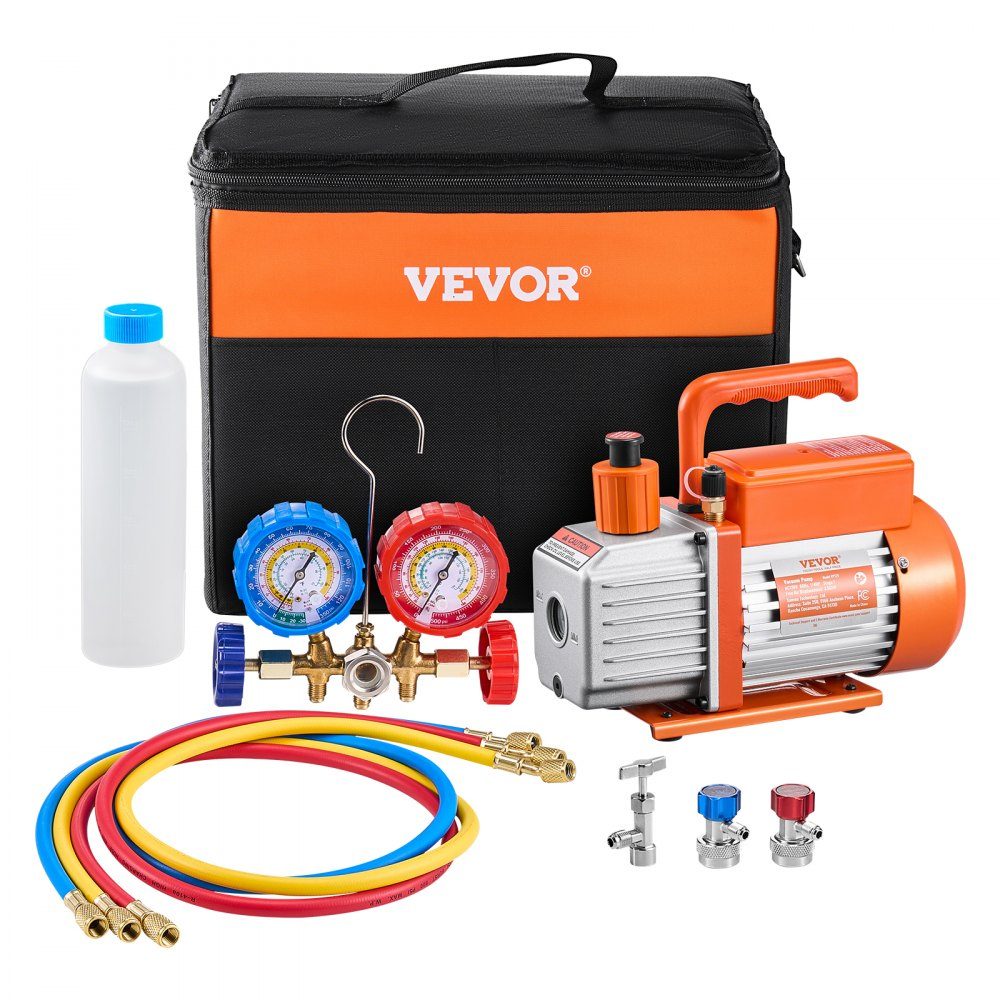 3,5 CFM AC-Vakuumpumpe und Manometer-Kit, einstufige Drehschieber-HVAC-Luftvakuumpumpe, A/C-Kältemittelverteiler-Manometer-Kit, mit Schläuchen, Klimaanlagenkühlung für R134a, R12, R22, R502a