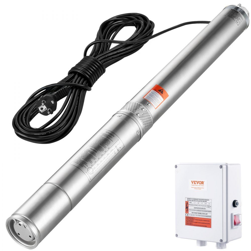 Diepe putdompelpomp, 2200 W, 230 V, 9,8 m3/u stroom, 144 m opvoerhoogte, met 19,4 m kabel en externe schakelkast, roestvrijstalen waterpompen voor industriële irrigatie en thuisgebruik, IP68 waterdicht