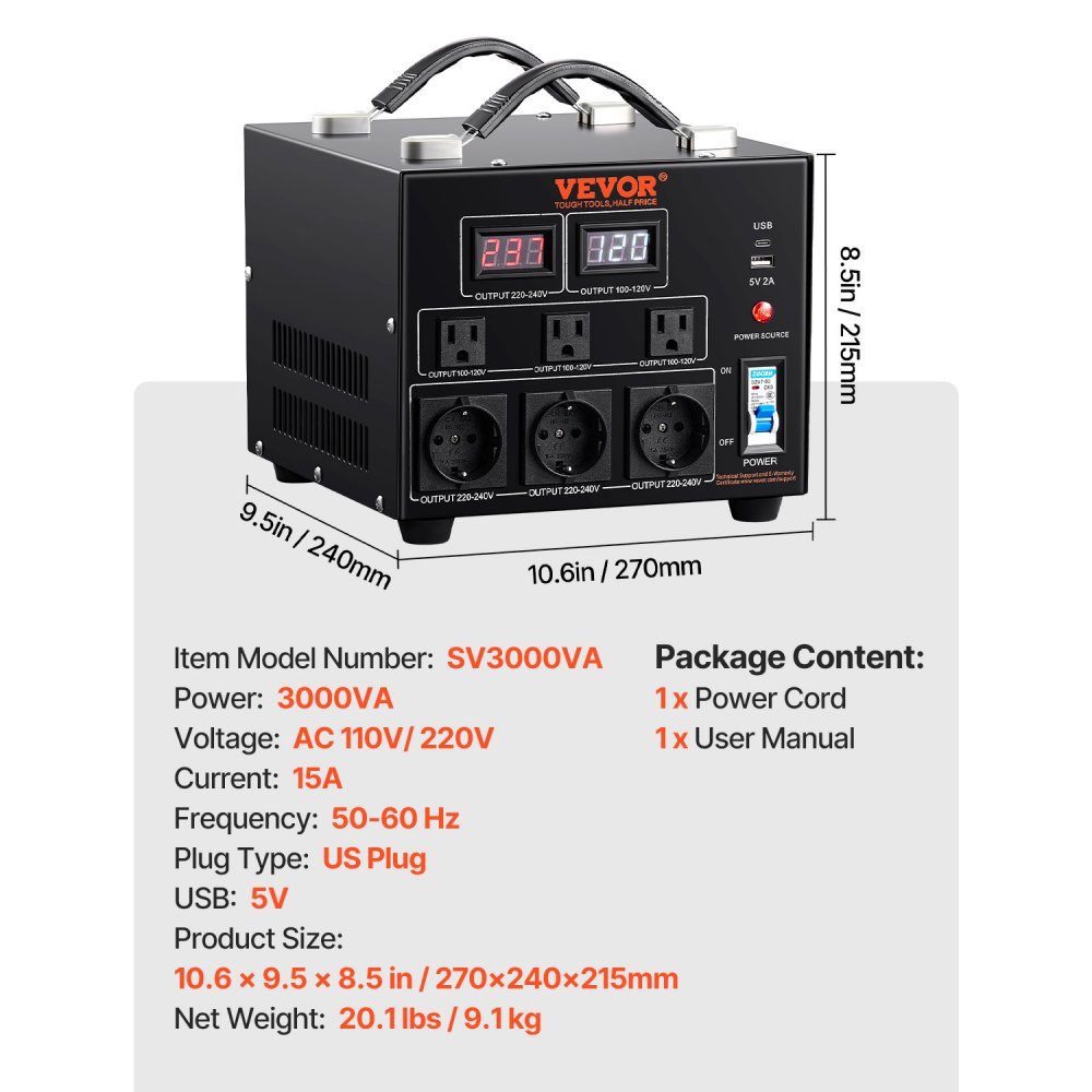 3000 W Spannungswandler-Transformator AC 110 V⇋220 V Transformator-Konverter 3 US NEMA 5-15R 3-polige Ausgangsbuchsen, 3 europäische Shucko-Ausgangsbuchsen, 1 USB-Buchse und 1 Typ-C-Buchse