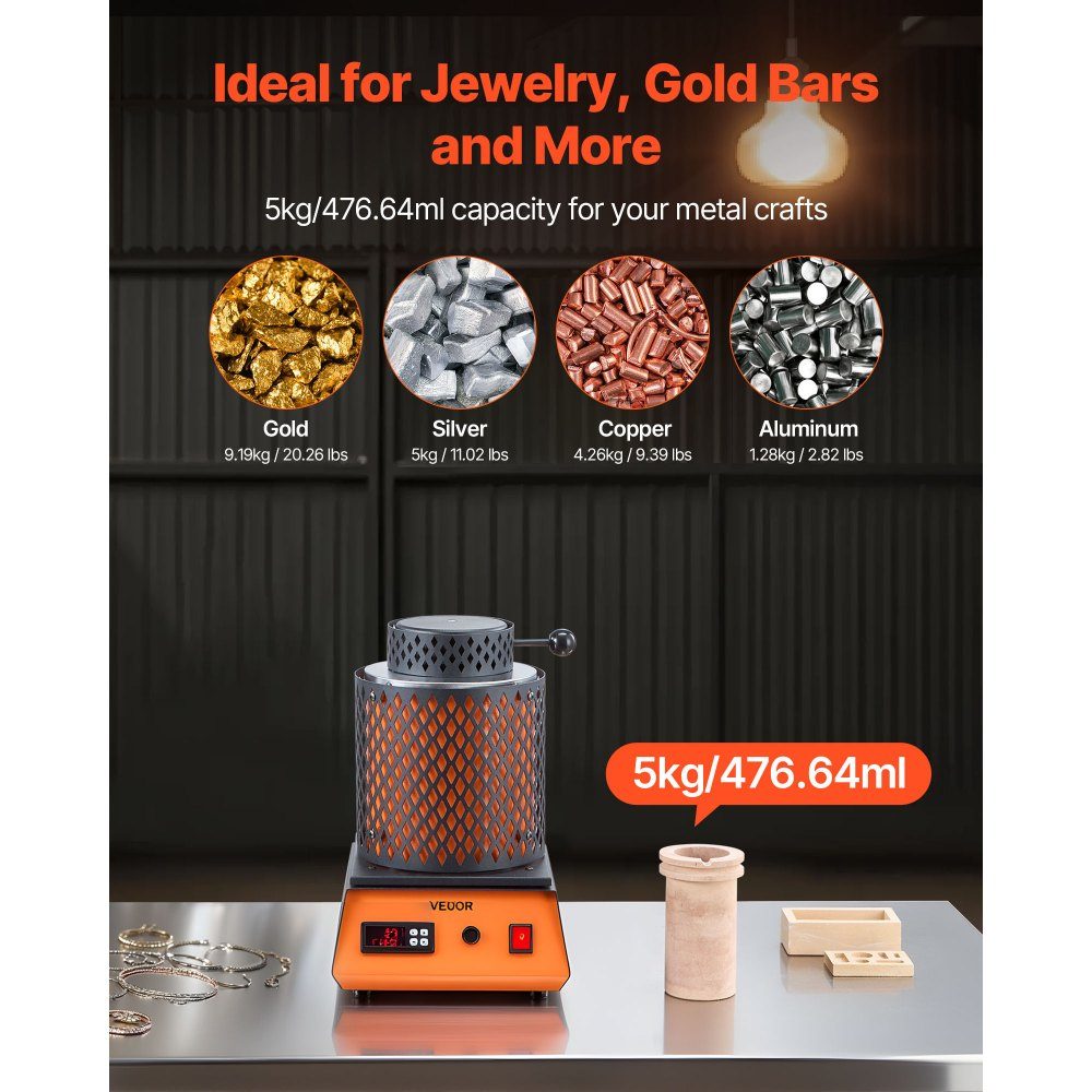 Digital Gold Melting Furnace Machine with 5kg Ceramic Crucible, Electric Melting Furnace 1500W Max 1150℃, Metal Melting Furnace Set for Jewelry Making, Metal Rods, Metal Components, Black