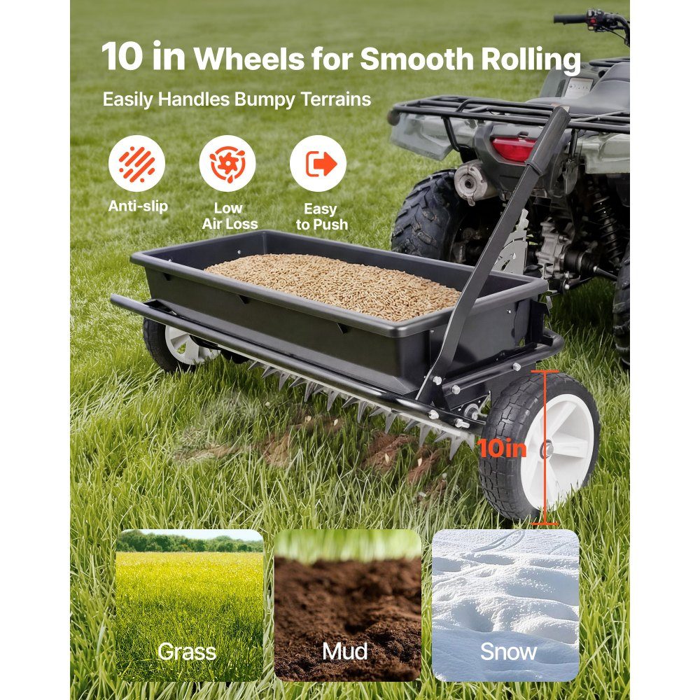 Anhänger-Rasenbelüfter 81 cm Streubreite, Streuer mit Universalkupplung, Gartensämaschine & Bodenbelüfter mit 45 kg Fassungsvermögen & 10 Zoll Rädern, Vertikutierer für ATVs & UTVs