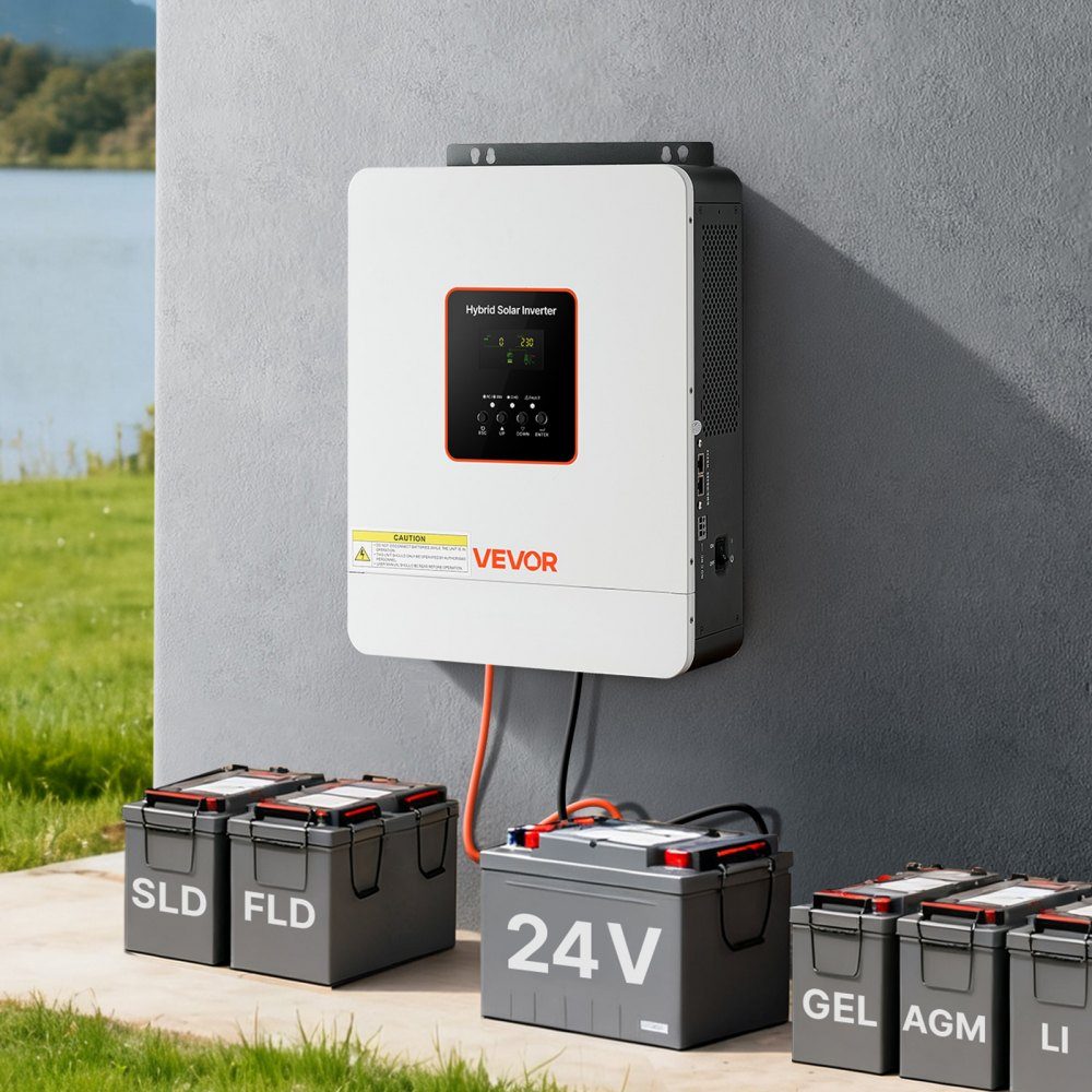 3000W hybrid inverter, 24V DC to 230V AC, with integrated 80A MPPT solar charge controller, compatible with lead-acid & lithium batteries, for home, RV & off-grid systems