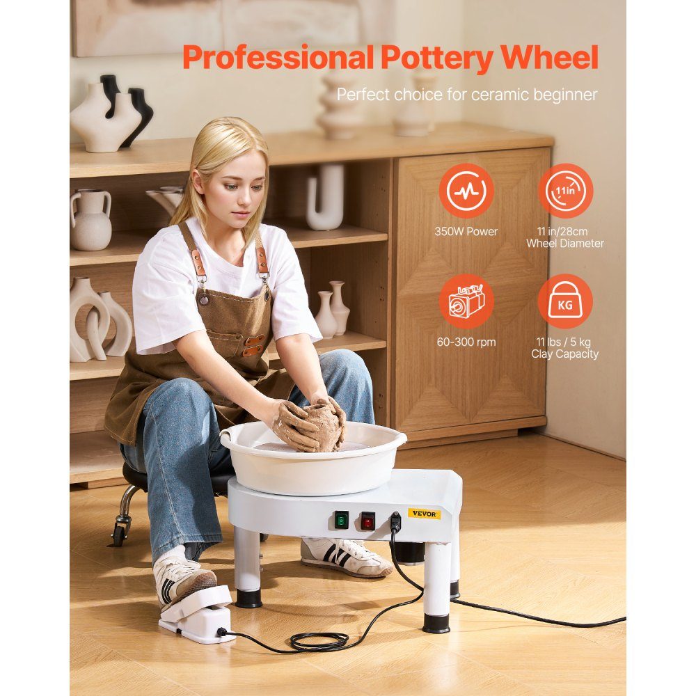 Pottery Wheel Pottery Molding Machine 28cm Ceramic Disc Molding Machine with Adjustable Pedal and Removable Basin Complete Ceramic Disc Set for Work Art Craft DIY White