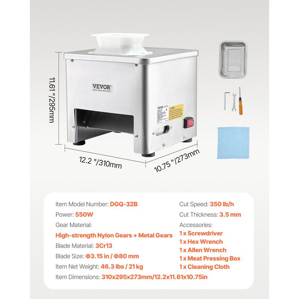Fleischschneider, Fleischschneider, 550 W, 159 kg/h, kommerzieller Fleischschneider aus Edelstahl (3,5 mm dick), elektrischer Lebensmittelschneider für Restaurant, Supermarkt