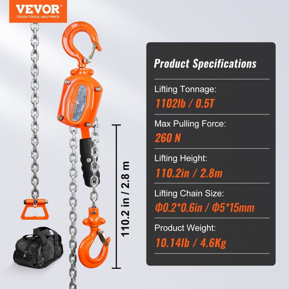 Mini palan à levier, capacité de charge de 0,5 T, palan à chaîne, force de traction de 260 N, bloc de poulie, hauteur de levage de 2,80 m, palan à cliquet, palan en acier, chaîne G80, frein à double cliquet Weston, crochet rotatif à 360°, palan à chaîne m