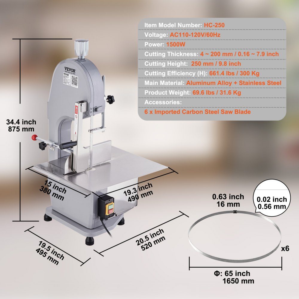 Knochensägemaschine, 1500 W 300 kg/h, elektrische Knochenschneidemaschine, 490 x 380 mm Knochenschneidemaschine, 4–200 mm Schnittstärke, Gastro-Fleischsäge, kommerzielle Knochensäge, Fleischbandsäge