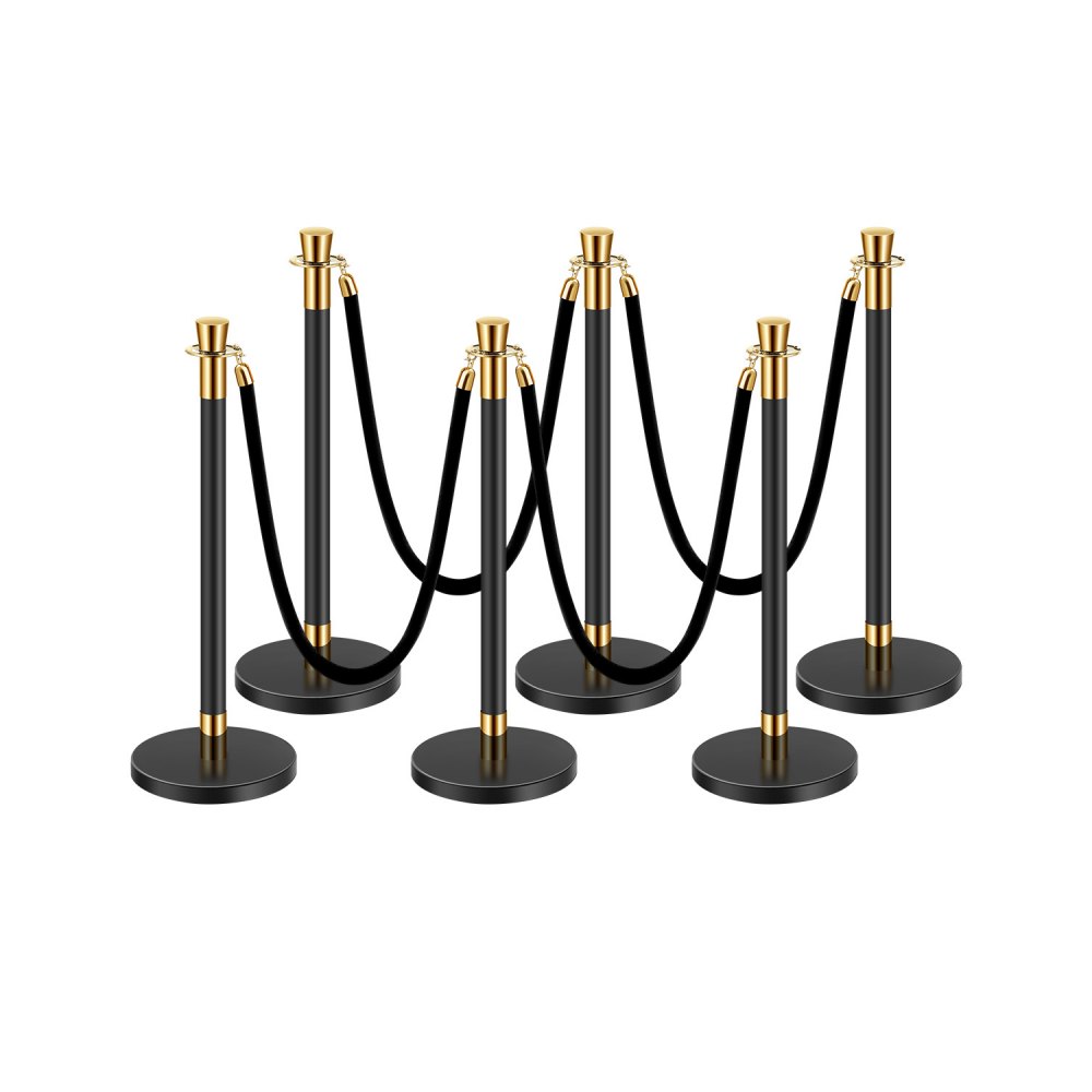 Barrier posts (6 pieces) for crowd control with 4 black velvet ropes (1.5 m long), stainless steel barrier stand with refillable base for exhibitions