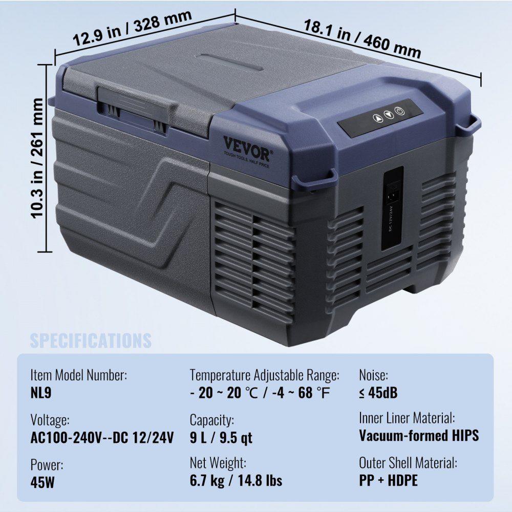 Car Refrigerator, 12V Car Fridge, Portable 9L Single Zone Freezer, Adjustable Range from -4℉ to 68℉, 12/24V DC und 100-240-V-AC- Compressor Cooler for Outdoor, Camping, RV