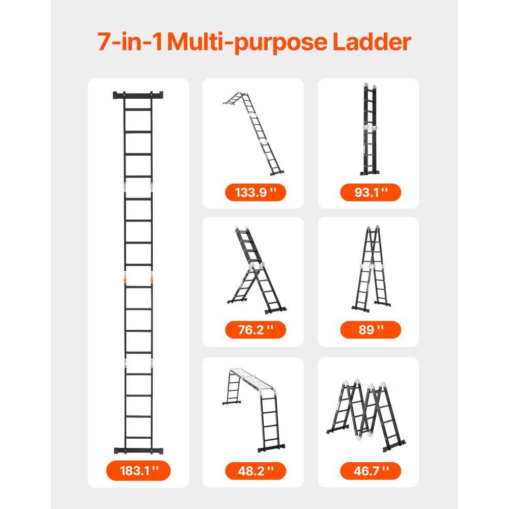 Mehrzweckleiter, 7-in-1-Multifunktionsleiter, A-Rahmen mit 4 Stufen und Gerüstbrett, Teleskopleiter, Leitergerüst 4650 mm, Strapazierfähig, 150 kg Tragkraft, Verwendung im Freien