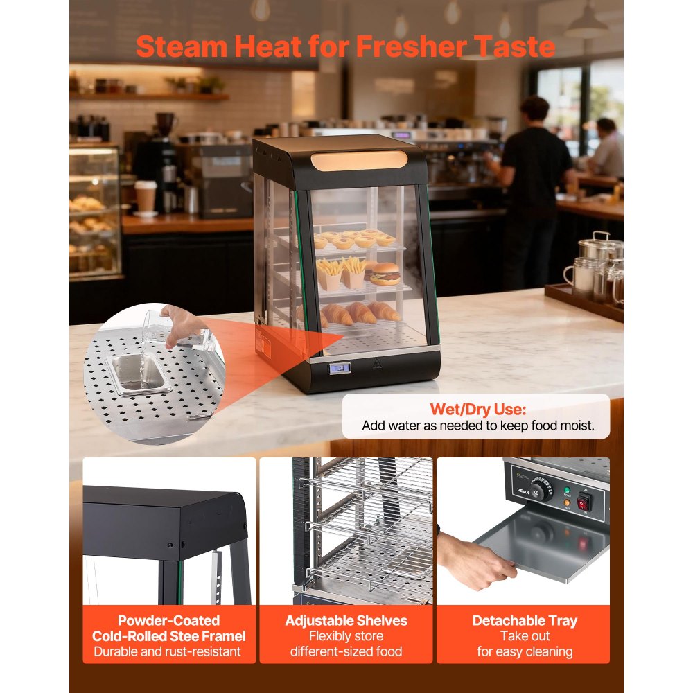 Comptoir chauffant à 3 niveaux 57 L, vitrine chauffante 800 W, comptoir chauffant 30-85 °C, chauffe-plats avec éclairage LED et étagères réglables, vitrine alimentaire pour hamburger pizza pain poulet frit