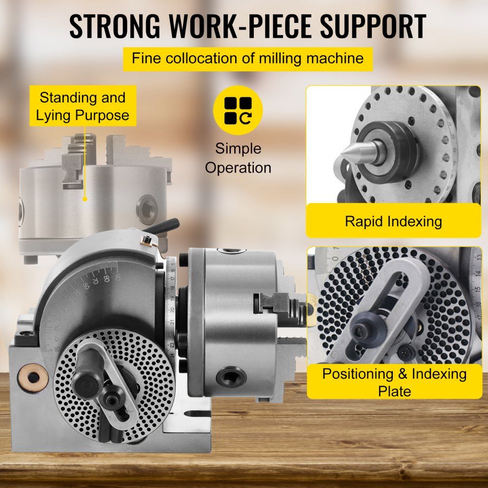 Dividing head with jaw chuck MK2, rotary table with indexing center height 100 mm, dividing head 23 kg, rotary table with plates, a strong support for the machined workpiece