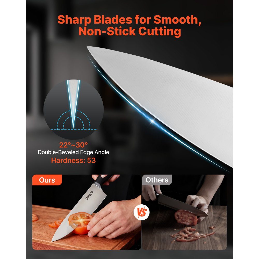 Kitchen knife set with knife block (wood) & sharpening steel, 15 pieces. Knife set, high carbon stainless steel knives, kitchen cutlery with ergonomic handle and kitchen scissors for home cooks