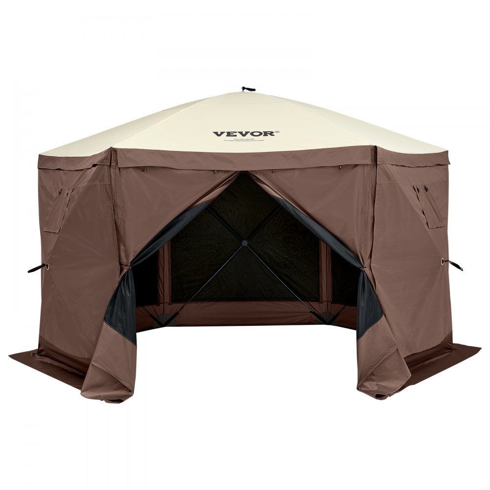 Tente tonnelle escamotable, tente escamotable avec auvent à 6 côtés, protection solaire avec 6 toiles coupe-vent amovibles et fenêtres grillagées, 3,5 x 3,5 m, tente à montage rapide avec moustiquaire, marron